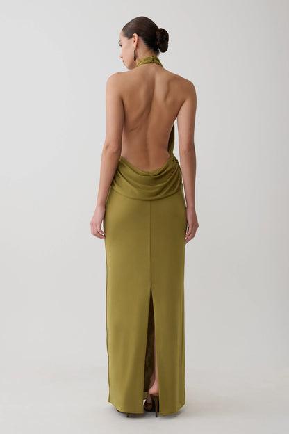 Joan Halter Neck Slinky Maxi Dress Martini Olive