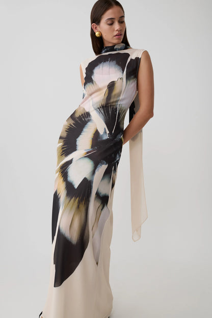 Dakota Chiffon Maxi Dress With Scarf Ivory Oversized Floral Print