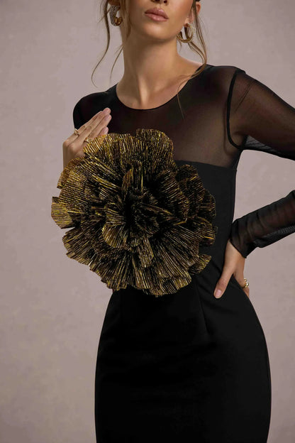 Ruchi Black Sheer Mini Dress With Corsage Detail