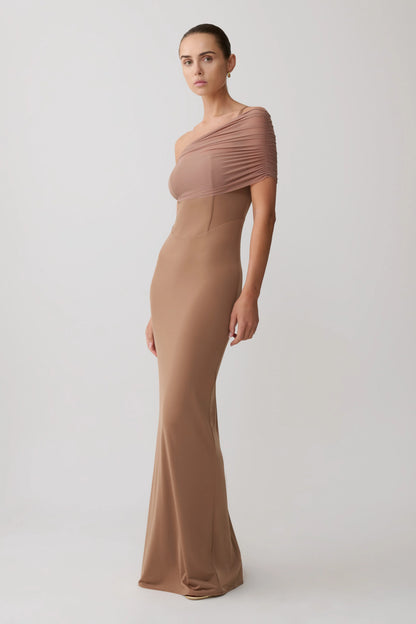 Hanh One Shoulder Mesh Maxi Dress Tan