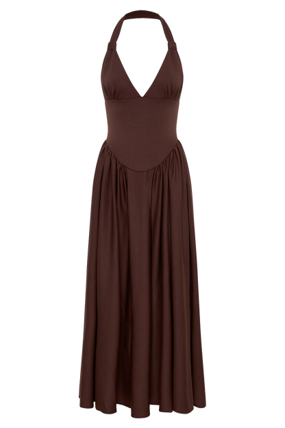 Angelina Scuba Halter Midi Dress Chocolate