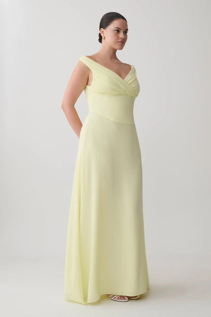 Mabel Off Shoulder Chiffon Maxi Dress Lemon