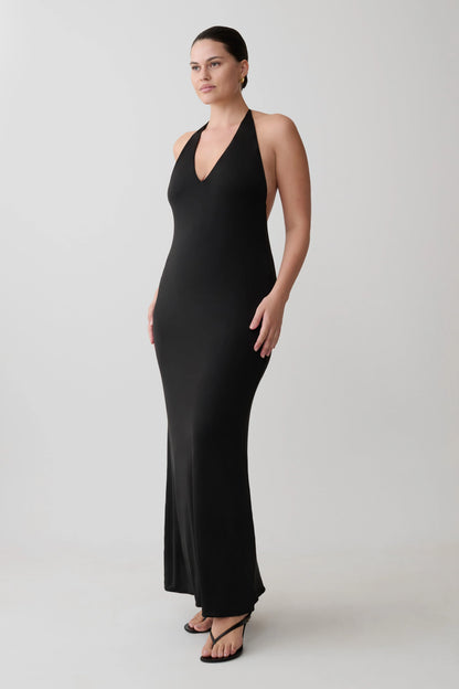Hana Slinky Plunge Maxi Dress Black