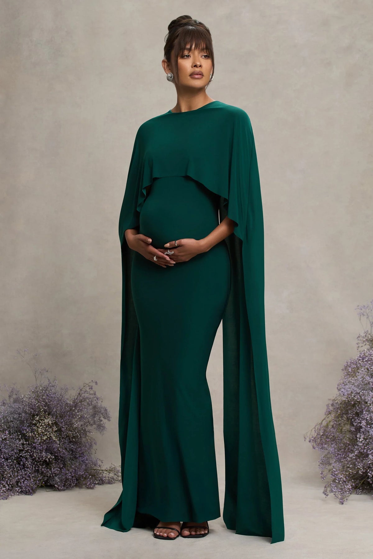 Padma Bottle Green Draped Maternity Maxi Dress With Cape Sleeves