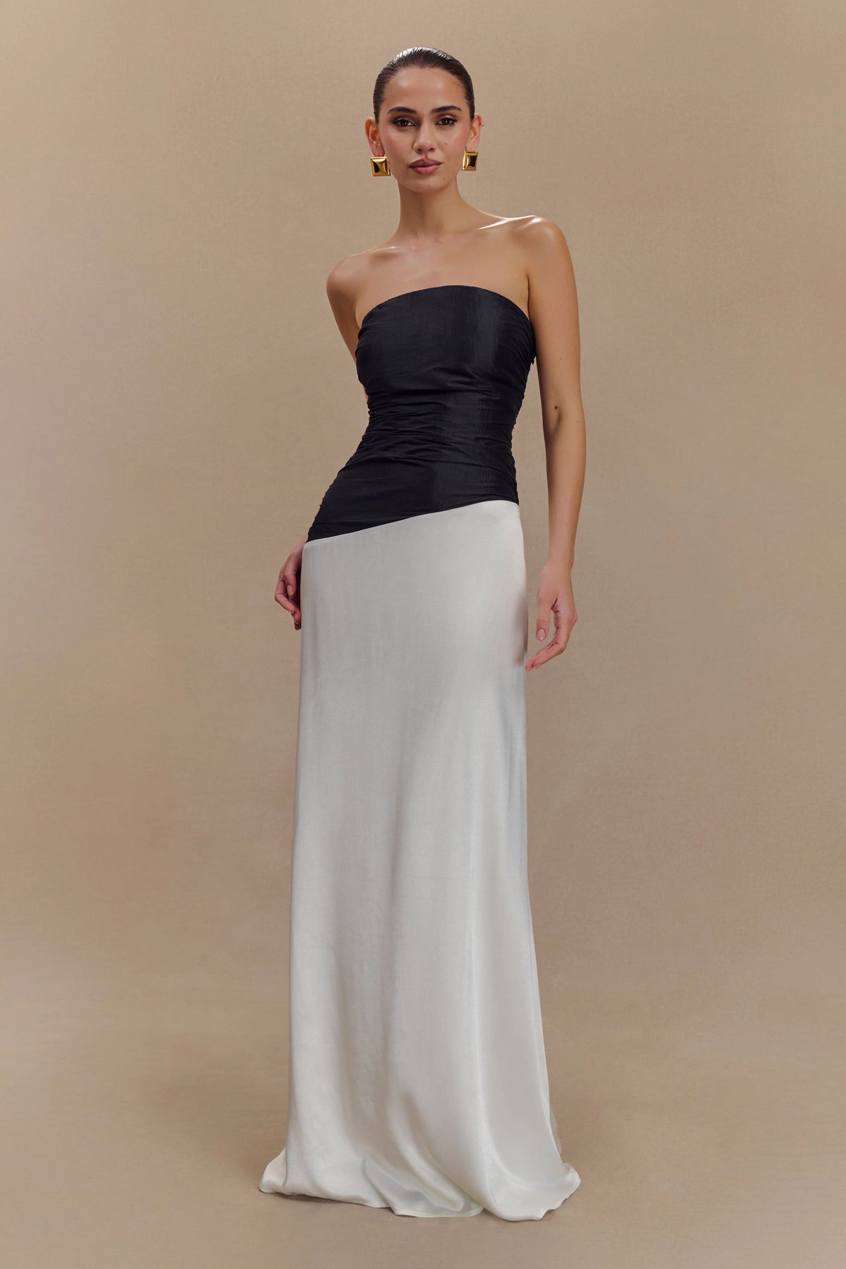 Serena Strapless Taffeta Maxi Dress White Black