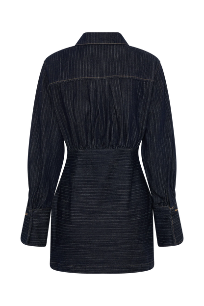 Zarah Denim Long Sleeve Mini Dress Indigo Pinstripe