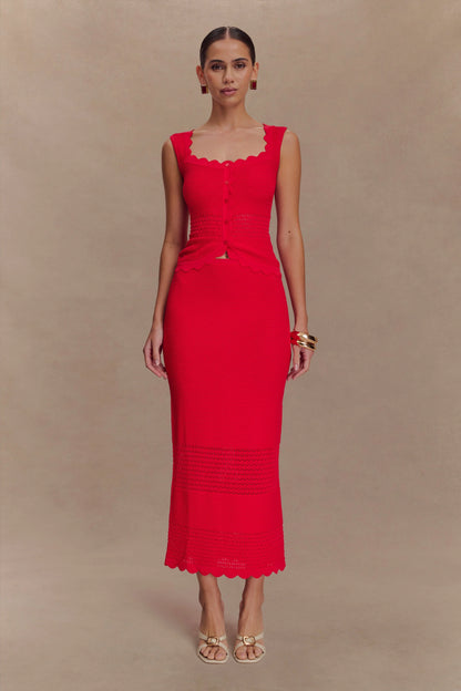Madeline Scallop Knit Midi Skirt Red