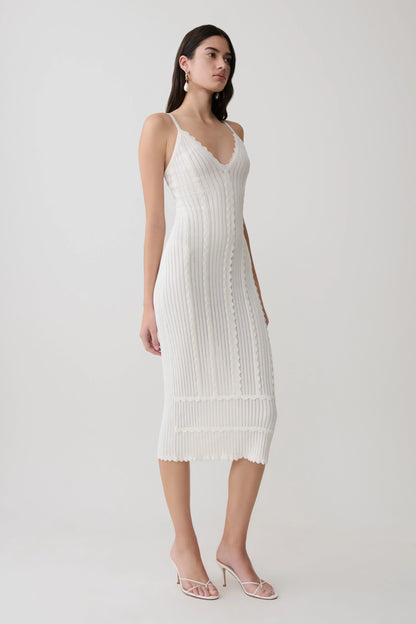 Cooper Scalloped Neckline Pointelle Midi Dress White