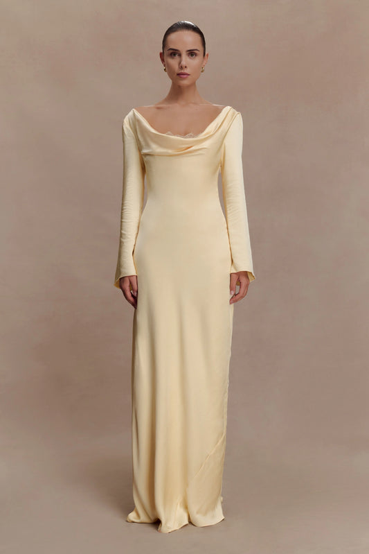 Eliza Long Sleeve Cowl Lace And Satin Maxi Dress Lemon