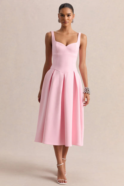 Greta Light Pink Sweetheart Neck Midi Dress