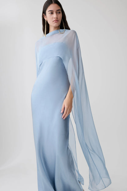 Martinne Chiffon Cape Maxi Dress Arctic Blue