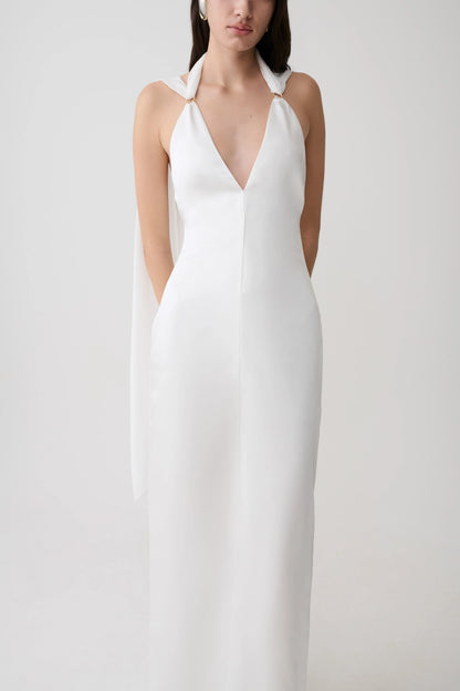 Myla Draped Shoulders Satin Maxi Dress White