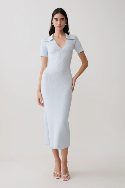 Nichelle Short Sleeve Collared Knit Midi Dress Light Blue