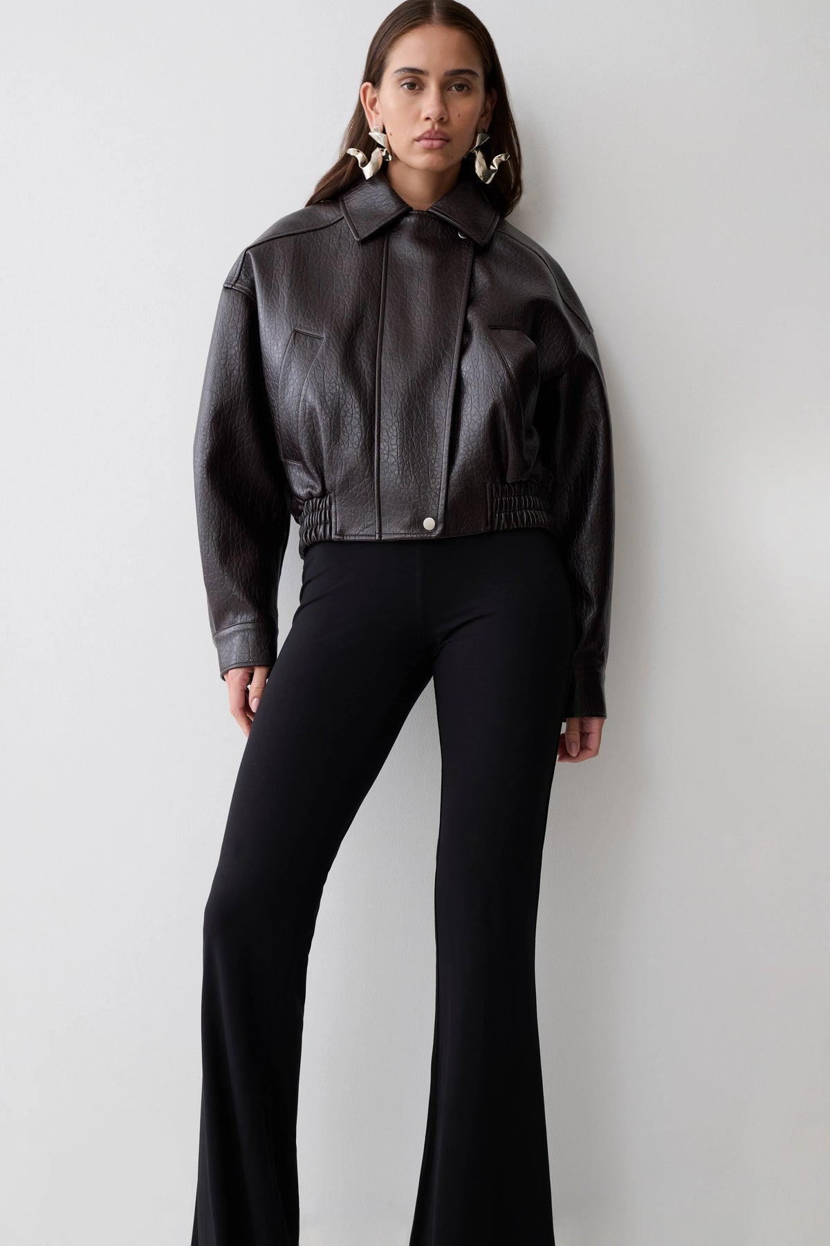 Paige Faux Leather Cropped Jacket Cherry Brown