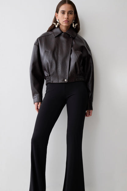 Paige Faux Leather Cropped Jacket Cherry Brown
