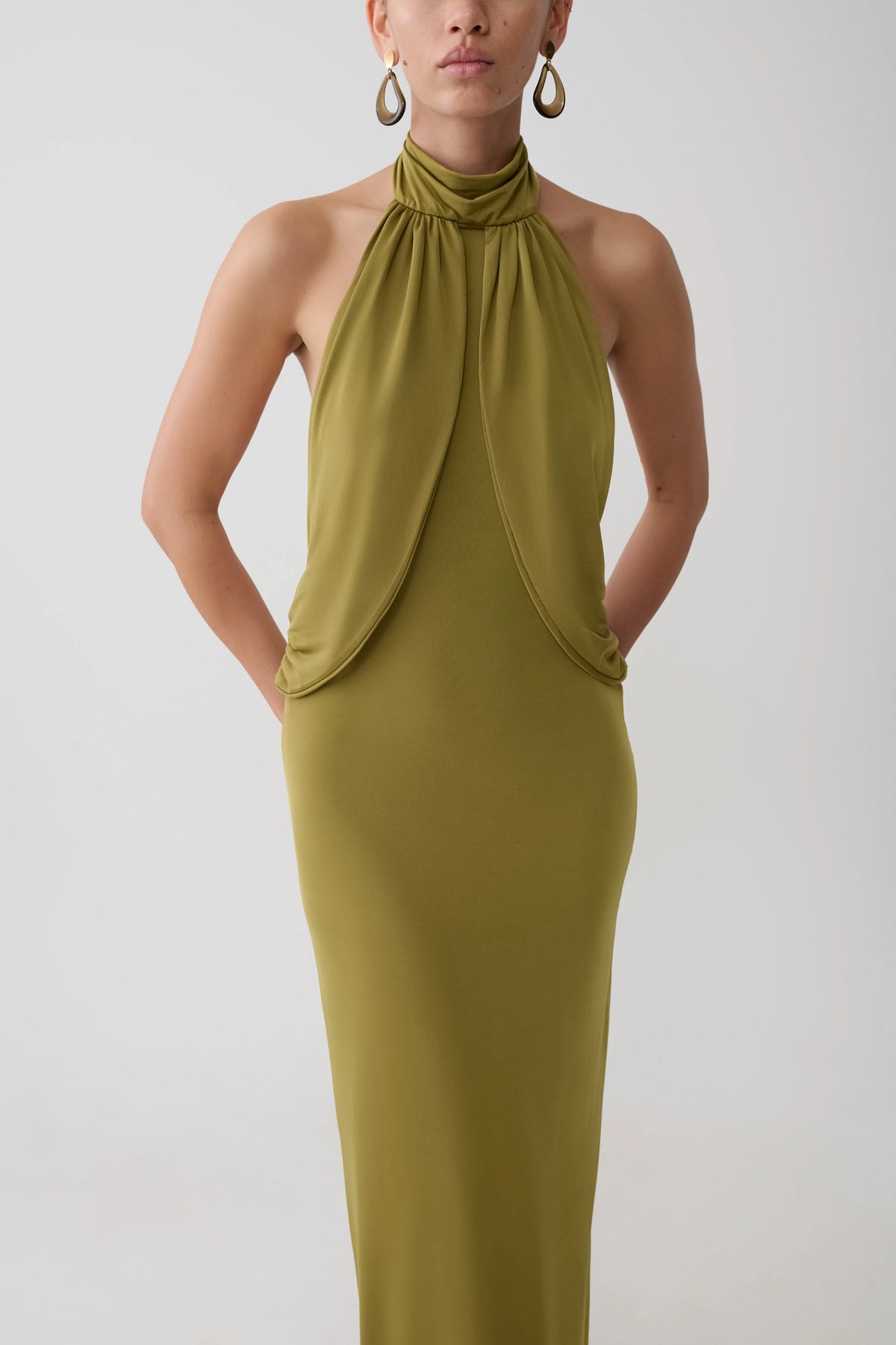 Joan Halter Neck Slinky Maxi Dress Martini Olive