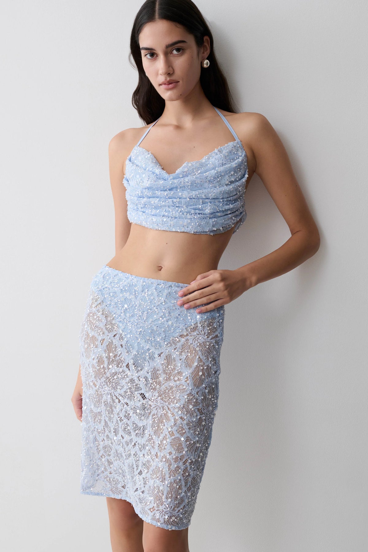 Kiara Pearl Beaded Midi Skirt Powder Blue