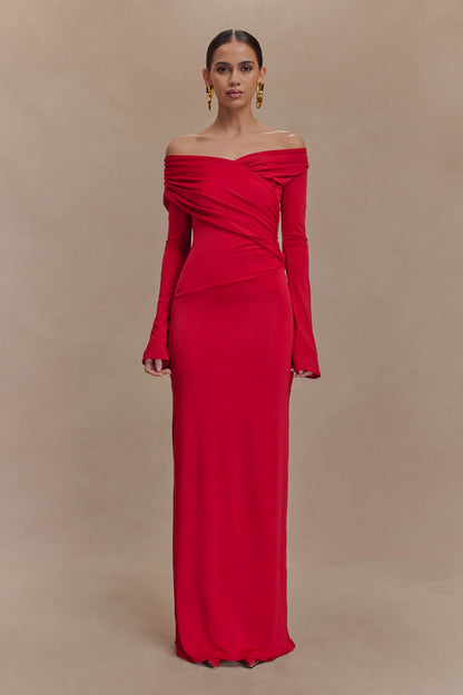 Therese Off Shoulder Ruched Maxi Dress Red