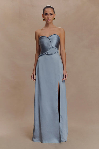 Larissa Satin Maxi Dress With Ruched Petals Frosted Blue