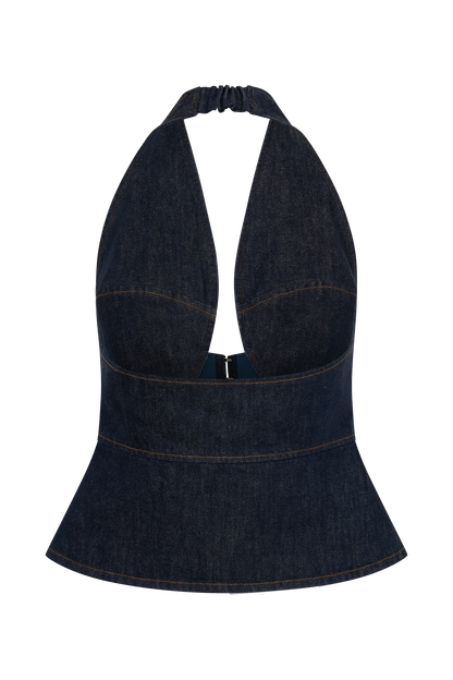Rema Halter Longline Denim Top Washed Indigo Blue