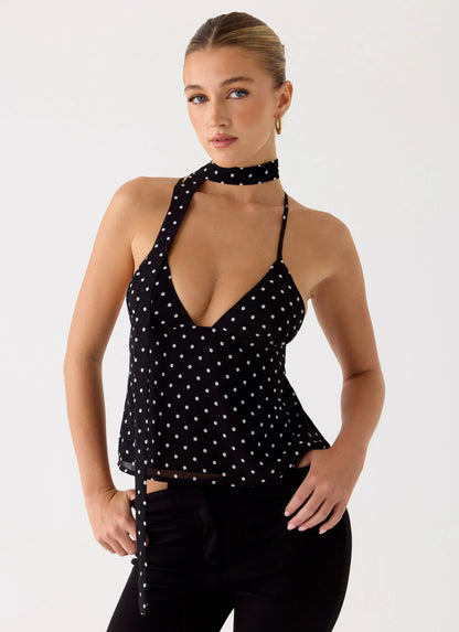 Quiero Backless Top Black Polkadot