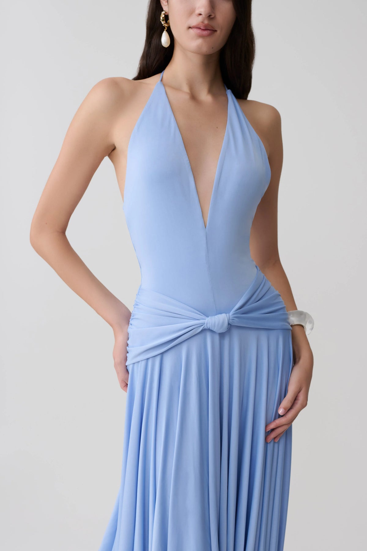 Zelda Asymmetric Slinky Midi Dress Cornflower Blue