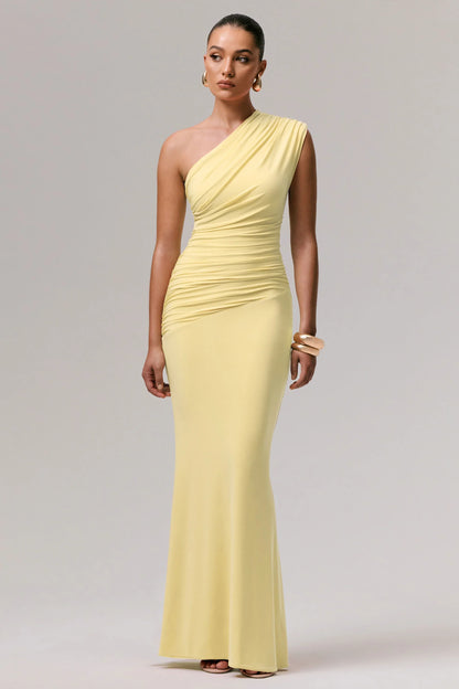 Mardi Lemon Asymmetric Maxi Dress With Ruching