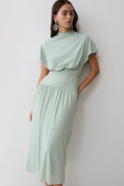 Ailla High Neck Cowl Midi Dress Aqua Grey