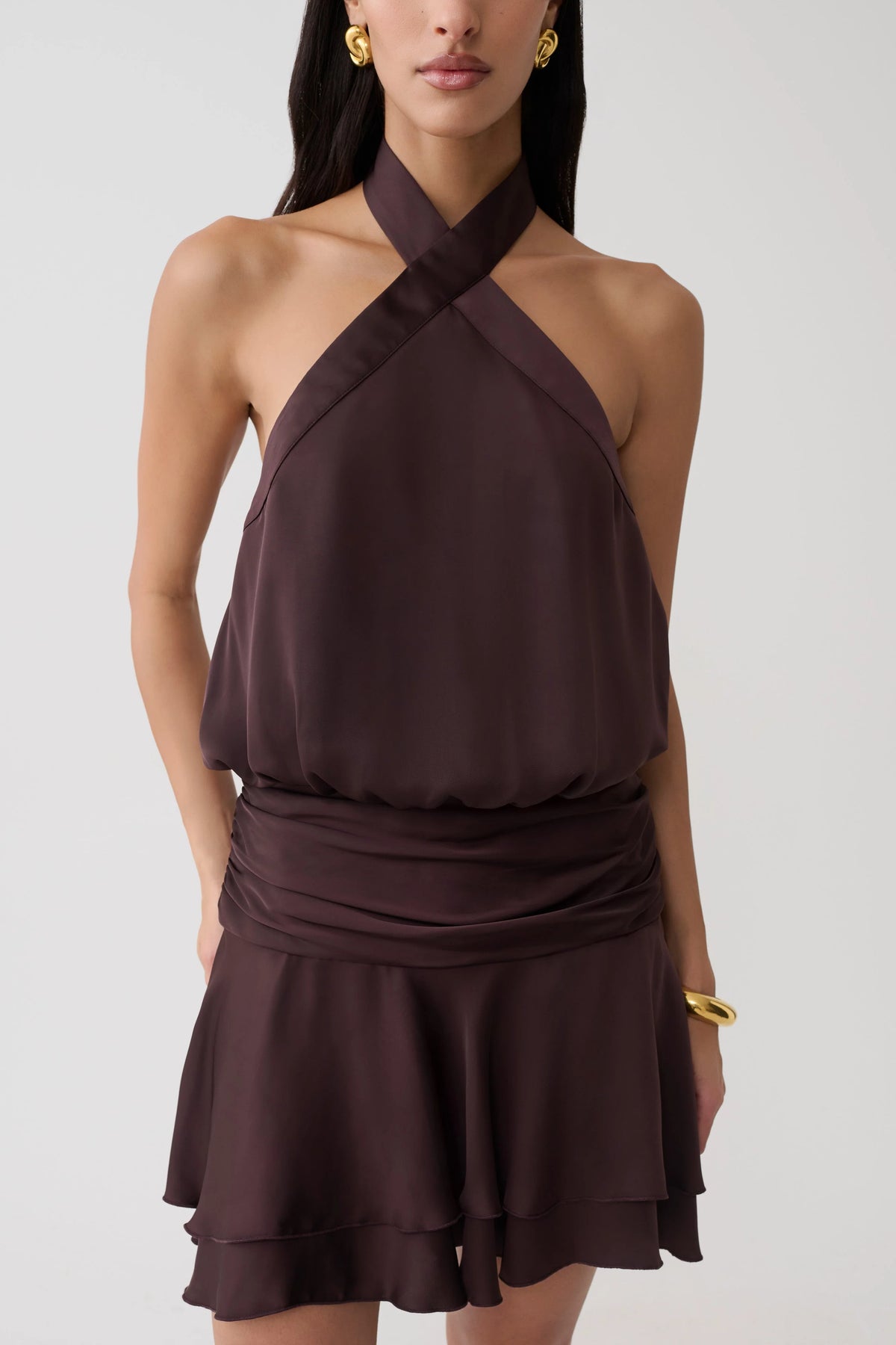 Poppy Satin Halter Mini Dress Chocolate