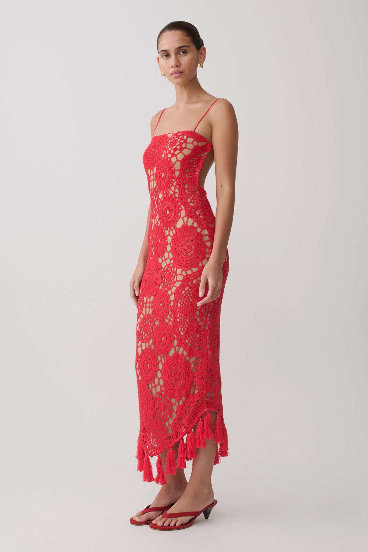 Delta Crochet Halter Midi Dress Red