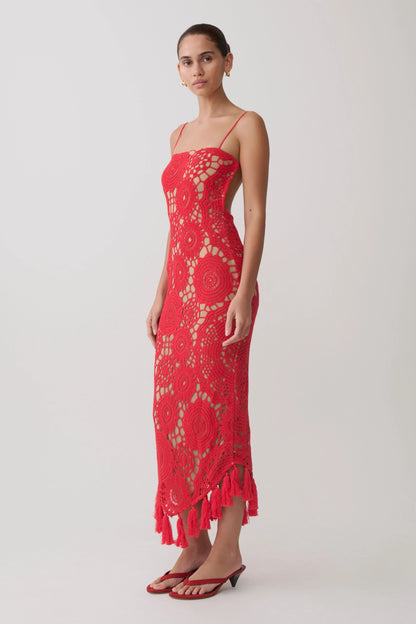 Delta Crochet Halter Midi Dress Red