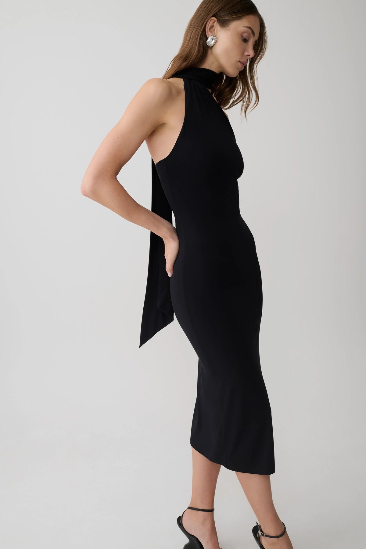 Jemma One Shoulder Tie Midi Dress Black