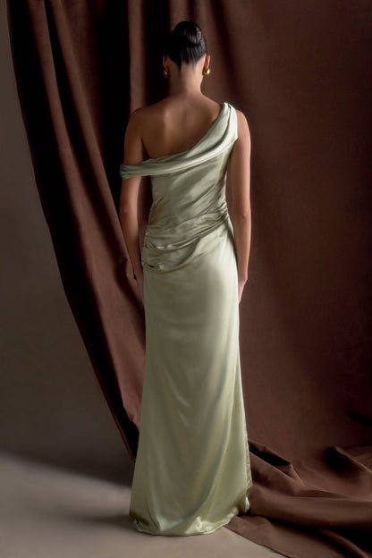 Dalia Off Shoulder Satin Maxi Dress Sage