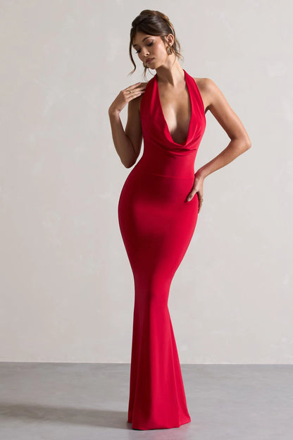 Milani Red Backless Cowl Neck Fishtail Maxi Dress