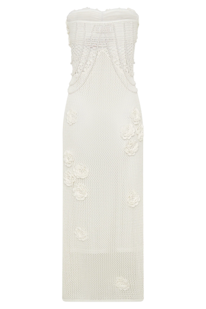 Samantha Crochet Midi Dress With Flowers Ivory
