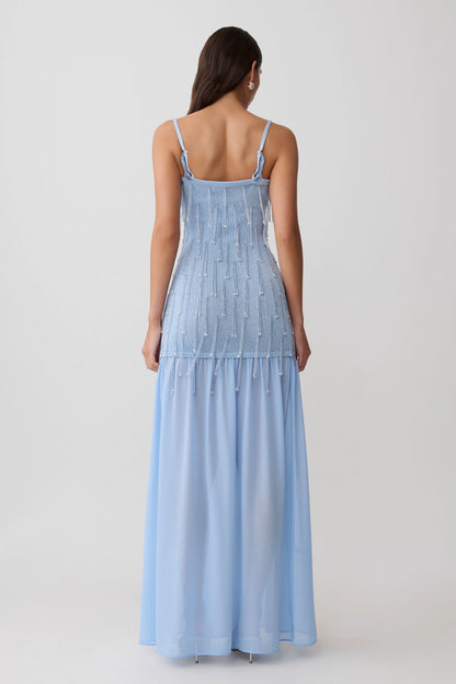 Belinda Beaded Knit Chiffon Maxi Dress Light Blue