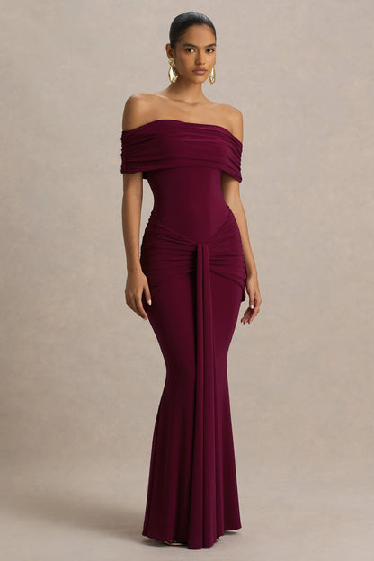 Envisioned Burgundy Bardot Neck Maxi Dress With Gathered And Drape Detail