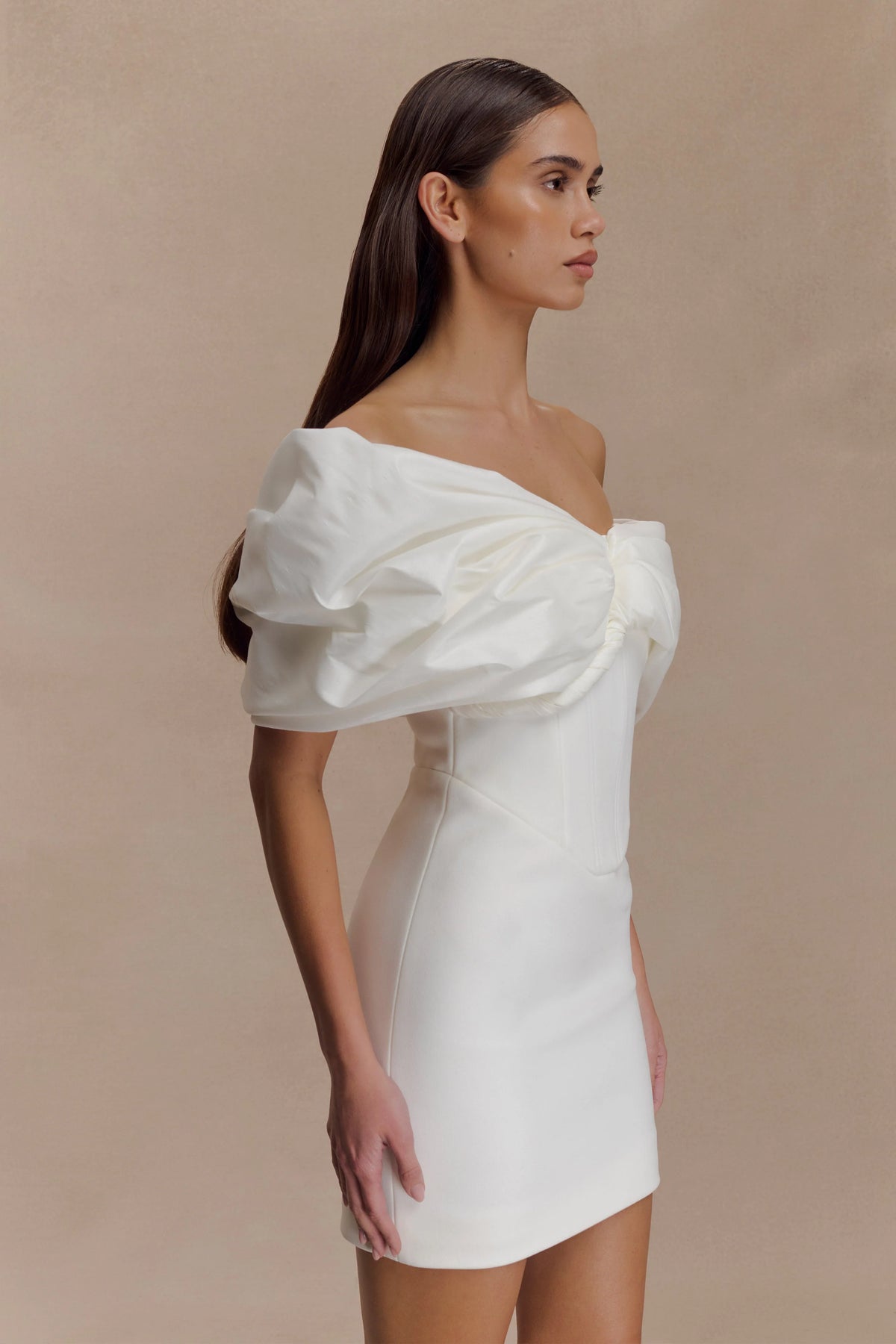 Aphrodite Off Shoulder Crepe Mini Dress Ivory