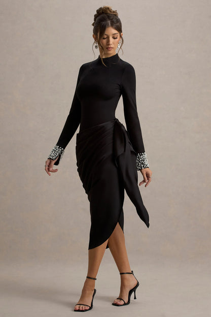 Luanna Black Satin Long Sleeve Midi Dress With Draped Skirt And Embellised Cuffs
