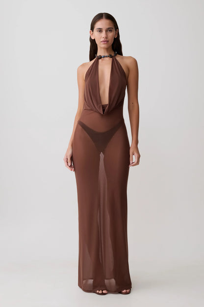 Ethal Mesh Cowl Neck Beaded Maxi Dress Chocolate