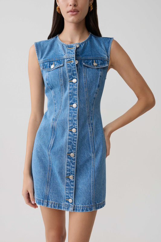 Penn Button Front Denim Mini Dress Summer Blue