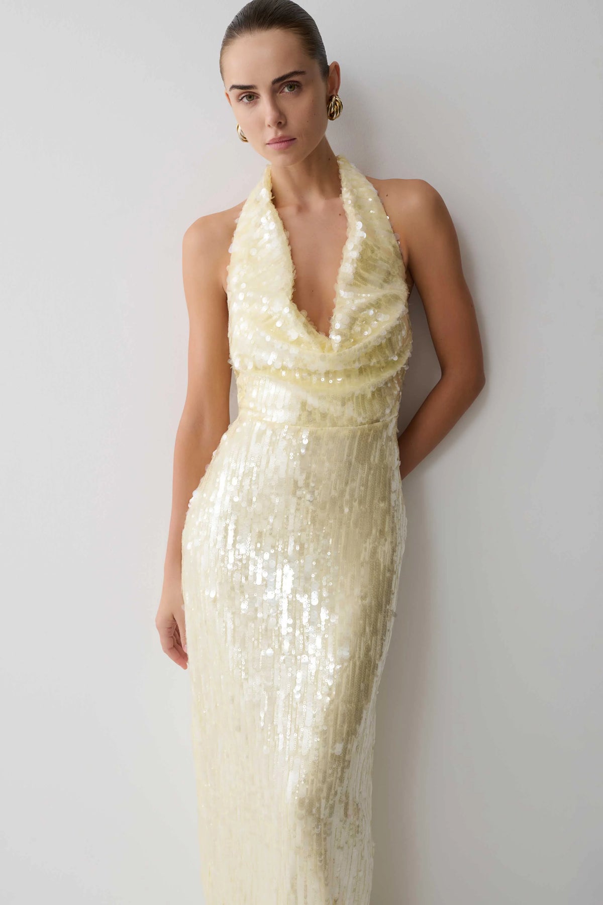 Gertrud Sequin Halter Maxi Dress Lemon