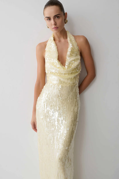 Gertrud Sequin Halter Maxi Dress Lemon