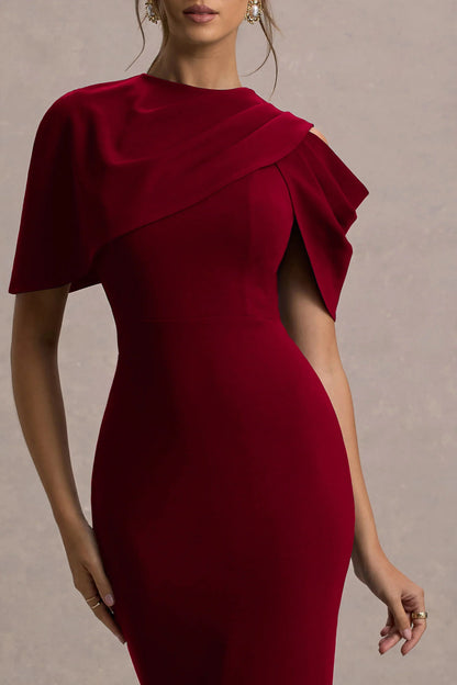 Dorothea Berry Draped Midi Dress With Cape