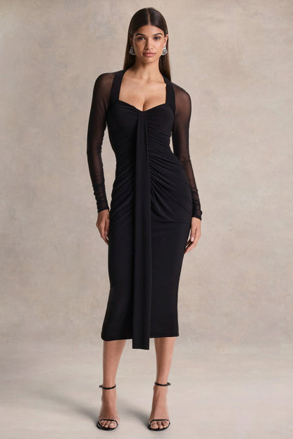 Rosetta Black Sweetheart Neck Midi Dress With Sheer Sleeves