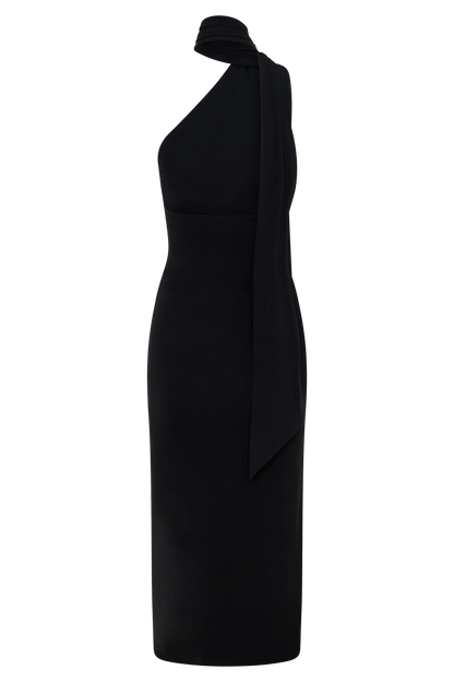 Jemma One Shoulder Tie Midi Dress Black