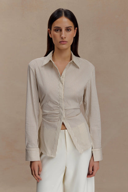 Millie Tie Back Cotton Shirt Beige Pinstripe