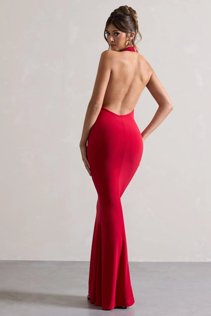 Milani Red Backless Cowl Neck Fishtail Maxi Dress