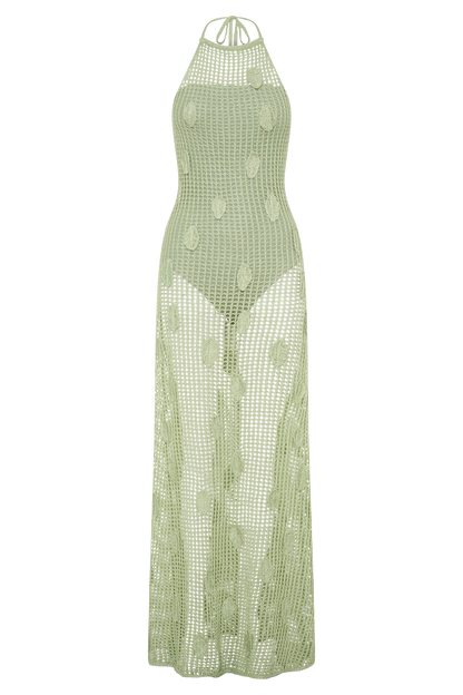 Elfie Crochet Halter Maxi Dress Pastel Green