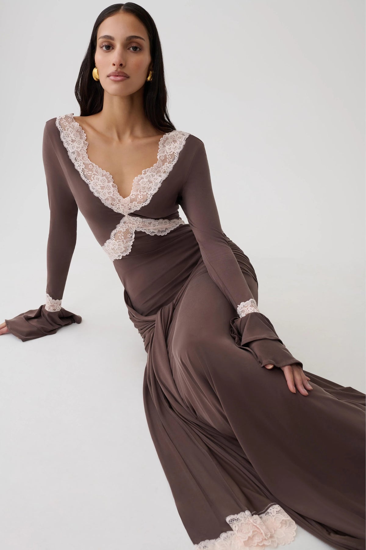 Electra Slinky Lace Maxi Dress Chocolate Ballet Pink